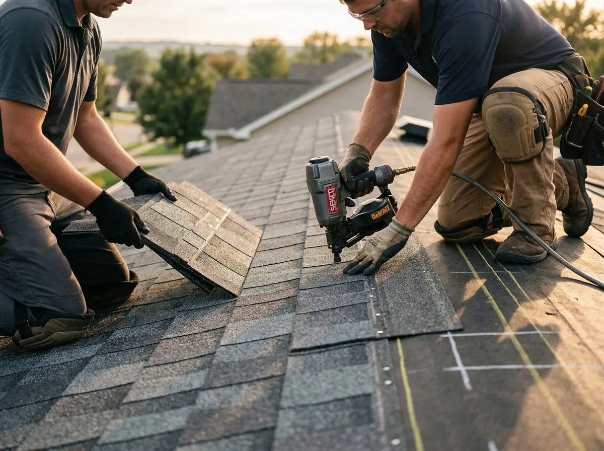 Professional roofer working on a residential roof in East Haven